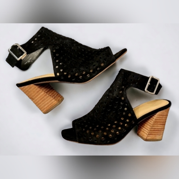 Marc Fisher Shoes - MARC FISHER "Birdie" Black Perforated Suede Peeptoe Slingback Sandals, Size 7